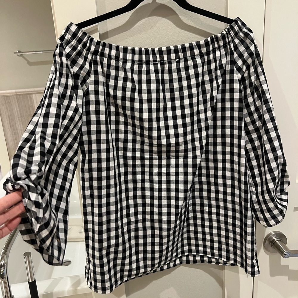 DoBe gingham black and white off the shoulder blouse